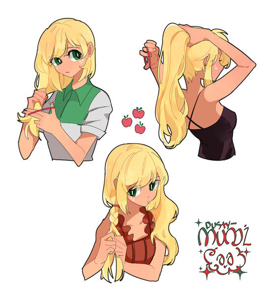 Size: 958x1064 | Tagged: alternate hairstyle, applejack, artist:dusty-munji, beautiful, blonde, braid, braiding, clothes, derpibooru import, female, hair, hatless, human, humanized, missing accessory, rear view, safe, simple background, white background