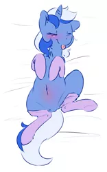 Size: 1000x1600 | Tagged: safe, artist:elijah, deleted from derpibooru, derpibooru import, minuette, pony, unicorn, bellyrubs, blushing, chest fluff, clothes, eyes closed, female, lying down, on back, socks, solo, tongue out