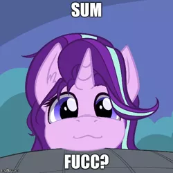 Size: 500x500 | Tagged: suggestive, artist:duop-qoub, derpibooru import, edit, starlight glimmer, pony, unicorn, :3, bedroom eyes, bust, chin, cute, ear fluff, female, fucc, fuk, glimmerbetes, image macro, lemme smash, looking at you, mare, meme, pet glimmer, pony pet, portrait, solo, upsies, vulgar, weapons-grade cute