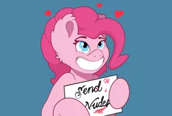 Size: 2048x1378 | Tagged: safe, artist:onstiwelt, derpibooru import, pinkie pie, pony, blue background, heart, send nudes, sign, simple background, smiling, solo, we don't normally wear clothes