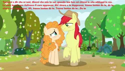 Size: 1280x720 | Tagged: safe, derpibooru import, edit, edited screencap, screencap, bright mac, pear butter, pony, the perfect pear, apple orchard, apple tree, apples pears, blushing, brightbutter, don pasquale, female, flower, gaetono donizetti, italian, male, meme, opera, otp, pear tree, shipping, song reference, spring, straight, tornami a dir che m'ami, translated in the description, tree