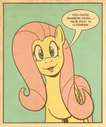 Size: 637x764 | Tagged: safe, artist:regularmouseboy, derpibooru import, fluttershy, pony, comic, cute, looking at you, old school, remake, retro, simple background, solo, speech bubble, vintage