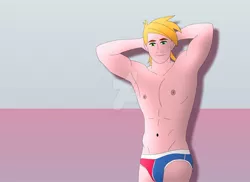 Size: 1600x1163 | Tagged: suggestive, artist:supermaxx92, derpibooru import, big macintosh, equestria girls, armpits, briefs, clothes, male, muscles, solo, solo male, speedo, underwear, watermark