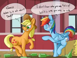 Size: 1600x1200 | Tagged: safe, artist:passigcamel, derpibooru import, applejack, rainbow dash, earth pony, pegasus, pony, barn, blushing, bottle, cowboy hat, dialogue, drunk, drunker dash, female, hat, implied appledash, implied lesbian, implied shipping, mare, multicolored hair, smiling, stetson