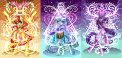 Size: 5220x2490 | Tagged: safe, artist:karmamoonshadow, derpibooru import, starlight glimmer, sunset shimmer, trixie, pony, unicorn, book, cape, clothes, counterparts, magic, magical trio, trio, trixie's cape, twilight's counterparts