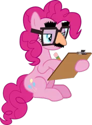 Size: 2200x2989 | Tagged: safe, artist:frownfactory, derpibooru import, pinkie pie, earth pony, pony, fame and misfortune, .svg available, blue eyes, cutie mark, disguise, fake glasses, female, glasses, groucho mask, mare, pink coat, pink hair, pink mane, pink tail, pinkiatrist, simple background, sitting, solo, svg, transparent background, vector