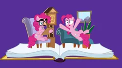 Size: 10240x5760 | Tagged: safe, artist:frownfactory, derpibooru import, pinkie pie, earth pony, pony, fame and misfortune, .svg available, absurd resolution, blue eyes, book, chair, clock, couch, cutie mark, disguise, fake glasses, female, glasses, mare, pink coat, pink hair, pink mane, pink tail, pinkiatrist, psychiatrist, sitting, svg, vector, wallpaper