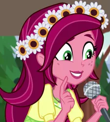 Size: 649x720 | Tagged: safe, derpibooru import, screencap, gloriosa daisy, equestria girls, legend of everfree, cute, daisybetes, grin, happy, microphone, smiling, solo