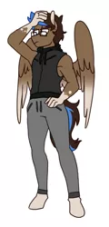 Size: 589x1227 | Tagged: anthro, anthro oc, artist:redxbacon, clothes, commission, derpibooru import, folded wings, glasses, hand on head, hand on hip, hoodie, male, oc, oc:playthrough, pants, pegasus, safe, simple background, solo, stallion, sweatpants, unguligrade anthro, unofficial characters only, white background