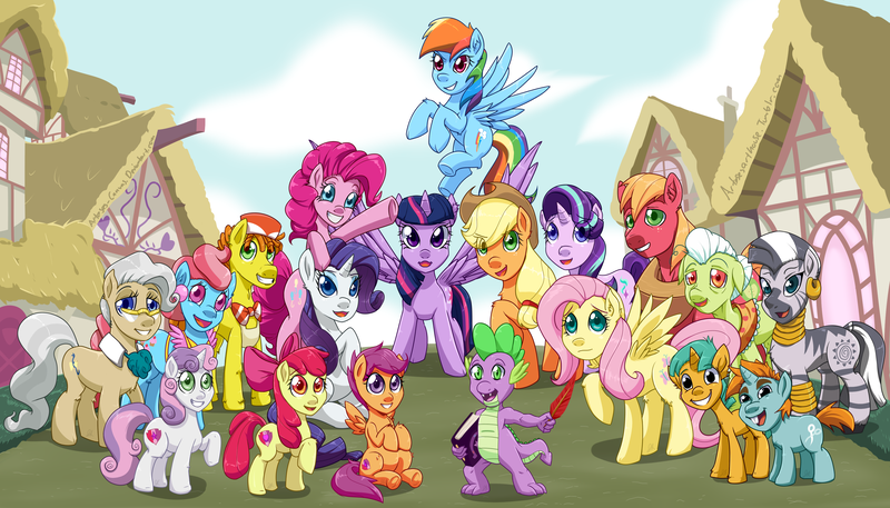 Size: 3500x2000 | Tagged: safe, artist:arteses-canvas, derpibooru import, apple bloom, applejack, big macintosh, carrot cake, cup cake, fluttershy, granny smith, mayor mare, pinkie pie, rainbow dash, rarity, scootaloo, snails, snips, spike, starlight glimmer, sweetie belle, twilight sparkle, twilight sparkle (alicorn), zecora, alicorn, dragon, earth pony, pegasus, pony, unicorn, zebra, cutie mark crusaders, intro, mane seven, mane six, ponyville, scene interpretation, theme song, uncanny valley