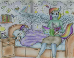 Size: 2063x1641 | Tagged: anthro, anthro oc, artist:sinaherib, attack on titan, bed, book, clothes, derpibooru import, female, mother and daughter, next generation, oc, oc:rainfall, offspring, parent:rainbow dash, parent:soarin', parents:soarindash, pillow, plushie, poster, rainbow dash, reading, safe, survey corps, sweater, traditional art, wings of freedom