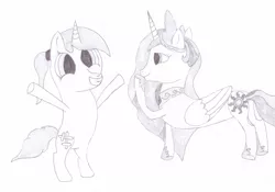 Size: 2048x1434 | Tagged: safe, artist:ragmo, derpibooru import, princess celestia, oc, pony, atg 2017, female, monochrome, newbie artist training grounds, praise the sun, raised leg, simple background, traditional art, white background