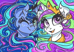 Size: 2490x1740 | Tagged: safe, artist:karmamoonshadow, derpibooru import, princess celestia, princess luna, alicorn, pony, duo, heart eyes, one eye closed, smiling, starry eyes, wingding eyes, wink, younger