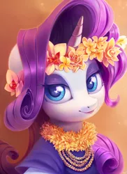 Size: 800x1100 | Tagged: safe, artist:sorcerushorserus, derpibooru import, rarity, pony, unicorn, beautiful, bust, eyeshadow, female, floral head wreath, flower, flower in hair, hawaiian, hawaiian flower in hair, looking at you, makeup, mare, portrait, smiling, solo