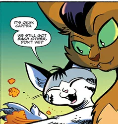 Size: 311x326 | Tagged: abyssinian, anthro, capper dapperpaws, chummer, cropped, derpibooru import, duo, idw, male, my little pony: the movie, my little pony: the movie prequel, official comic, safe, screencap, smiling, speech bubble, spoiler:comic, spoiler:comic mlp movie prequel, talking, tempting fate