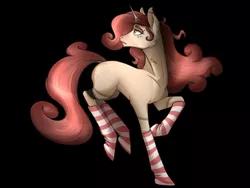 Size: 1024x768 | Tagged: safe, artist:bootsdotexe, derpibooru import, oc, oc:pink star, unofficial characters only, pony, unicorn, black background, blank flank, clothes, commission, female, looking back, mare, raised hoof, simple background, socks, solo, stockings, striped socks, thigh highs