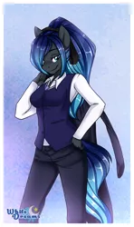 Size: 1868x3154 | Tagged: safe, artist:xwhitedreamsx, derpibooru import, oc, oc:leona, unofficial characters only, anthro, anthro oc, clothes, commission, female, gradient mane, hair over one eye, looking at you, mare, pants, shirt, smiling, solo, vest