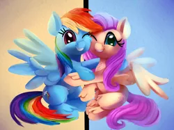 Size: 2000x1499 | Tagged: safe, artist:discorded, derpibooru import, fluttershy, rainbow dash, pegasus, pony, fame and misfortune, cute, dashabetes, female, flawless, hug, looking at you, mare, scene interpretation, shyabetes, smiling