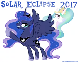 Size: 1500x1200 | Tagged: safe, artist:unicornarama, derpibooru import, princess celestia, princess luna, alicorn, pony, 2017 solar eclipse, alicorn eclipse, catasterism, duo, eclipse, female, grin, looking at you, raised hoof, simple background, sisters, smiling, solar eclipse, spread wings, transparent background, wings