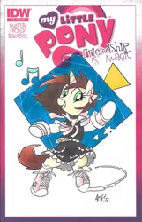 Size: 775x1200 | Tagged: safe, artist:tonyfleecs, derpibooru import, oc, oc:ryleigh, unofficial characters only, pony, unicorn, 80s, bow, clothes, collar, comic cover, commission, converse, dancing, dress, female, hair bow, mare, music notes, shoes, sneakers, solo, traditional art