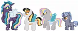 Size: 2028x801 | Tagged: safe, artist:kindheart525, derpibooru import, changeling queen oc, oc, oc:bedbug, oc:greased lightning, oc:mayfly, oc:monarch, unofficial characters only, changeling queen, pony, kindverse, female, magical gay spawn, offspring's offspring, parent:oc:ambrosia, parent:oc:hawk eye, purple changeling, simple background, white background