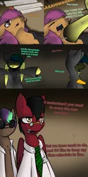 Size: 1500x3000 | Tagged: semi-grimdark, artist:conmanwolf, derpibooru import, scootaloo, oc, oc:aurora dawn, oc:boom heart, oc:dr. atmosphere, pony, ask factory scootaloo, fanfic:rainbow factory, blood, clothes, comic, factory scootaloo