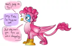 Size: 4943x3123 | Tagged: safe, artist:sunrise-shine-02, derpibooru import, pinkie pie, twilight sparkle, gryphon, dialogue, griffonized, implied twilight sparkle, newbie artist training grounds, offscreen character, simple background, solo, species swap, white background