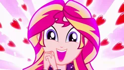 Size: 1280x720 | Tagged: safe, derpibooru import, screencap, sunset shimmer, eqg summertime shorts, equestria girls, pet project, cute, daaaaaaaaaaaw, excited, happy, heart, shimmerbetes, shimmering the gecko, solo, squee
