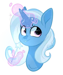 Size: 1036x1240 | Tagged: safe, artist:worldlofldreams, derpibooru import, trixie, pony, unicorn, bust, female, glowing horn, levitation, looking away, magic, mare, portrait, simple background, smiling, solo, telekinesis, transparent background, wand