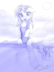 Size: 1024x1365 | Tagged: safe, artist:novaintellus, derpibooru import, sunset shimmer, pony, unicorn, clothes, cute, female, floppy ears, looking at you, mare, monochrome, one-piece swimsuit, open mouth, shimmerbetes, solo, sun, surfboard, swimsuit, water