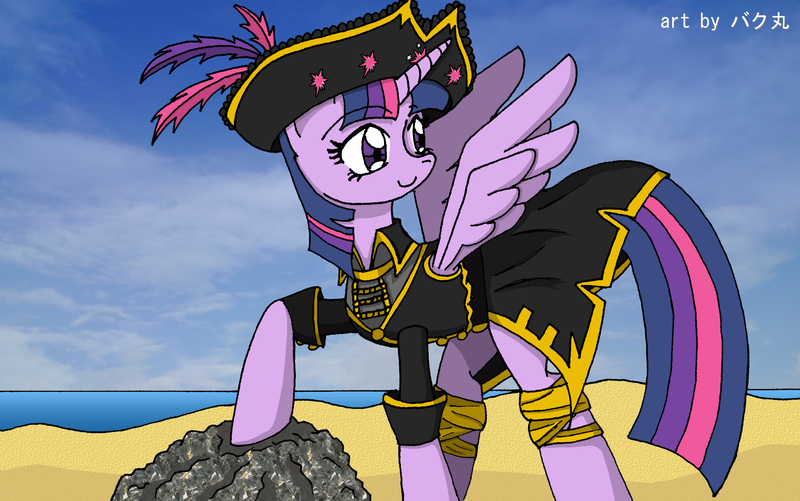 Size: 2672x1672 | Tagged: safe, artist:bakumaru01, derpibooru import, twilight sparkle, twilight sparkle (alicorn), alicorn, pony, my little pony: the movie, beach, captain twilight, female, looking back, mare, pirate, pirate twilight, sky, smiling, solo, water