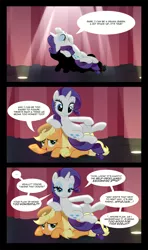 Size: 946x1599 | Tagged: safe, derpibooru import, edit, edited screencap, screencap, applejack, rarity, pony, fame and misfortune, appleseat, comic, dialogue, duo, female, flawless, scene interpretation, screencap comic, sitting on person, sitting on pony, speech bubble, we're not flawless