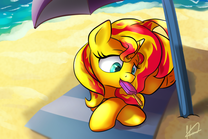 Size: 1200x800 | Tagged: safe, artist:klemm, derpibooru import, sunset shimmer, pony, atg 2017, beach, blanket, food, ice cream, newbie artist training grounds, ocean, seashore, solo, sun, tan, umbrella