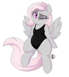 Size: 1800x2000 | Tagged: suggestive, artist:notenoughapples, derpibooru import, oc, oc:violet, unofficial characters only, pegasus, pony, clothes, female, mare, one eye closed, simple background, smiling, solo, solo female, swimsuit, transparent background, wink