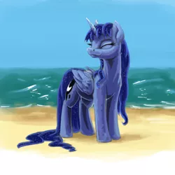 Size: 640x640 | Tagged: safe, artist:da-exile, derpibooru import, princess luna, alicorn, pony, beach, cute, eyes closed, female, mare, missing accessory, ocean, smiling, solo, water, wet, wet mane