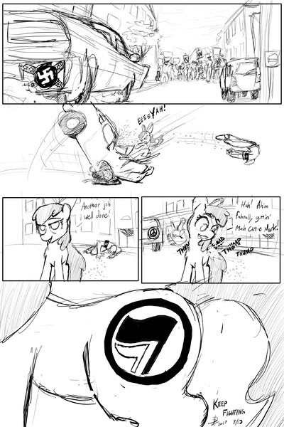 Size: 3200x4800 | Tagged: semi-grimdark, artist:threewontoo, derpibooru import, apple bloom, earth pony, pony, absurd resolution, antifa, antifascist, bad end, car, charlottesville, comic, grayscale, image, jpeg, monochrome, mouthpiece, nazi, peace sign, politics, propaganda, protest, revenge, riot, swastika