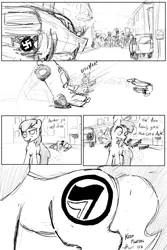 Size: 3200x4800 | Tagged: semi-grimdark, artist:threewontoo, derpibooru import, apple bloom, earth pony, pony, absurd resolution, antifa, antifascist, bad end, car, charlottesville, comic, grayscale, image, jpeg, monochrome, mouthpiece, nazi, peace sign, politics, propaganda, protest, revenge, riot, swastika