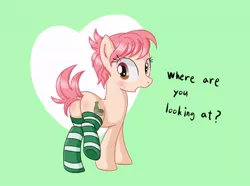 Size: 700x520 | Tagged: suggestive, artist:mingy.h, derpibooru import, raspberry vinaigrette, pony, discordant harmony, blushing, butt blush, clothes, embarrassed, female, looking at you, looking back, looking back at you, plot, socks, solo, solo female, striped socks