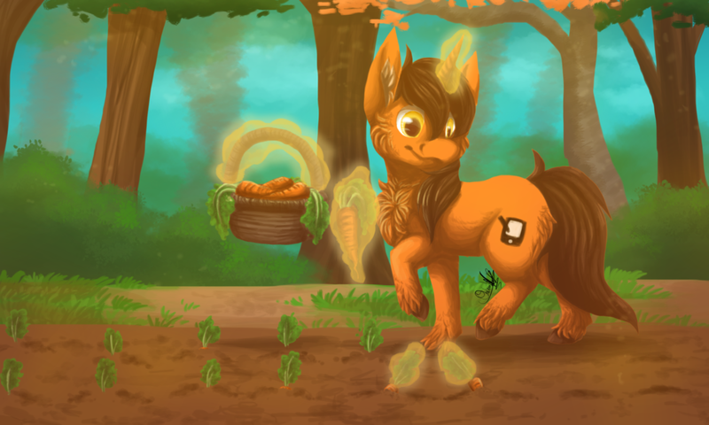 Size: 1024x614 | Tagged: safe, artist:ombraniwolf, derpibooru import, oc, oc:digital sketch, unofficial characters only, pony, unicorn, basket, carrot, food, smiling, solo, tree