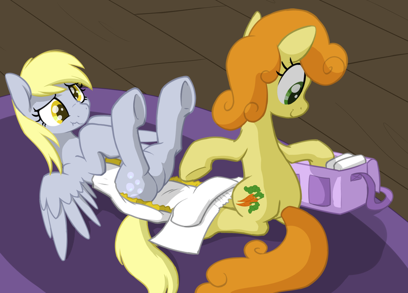 Size: 1600x1150 | Tagged: questionable, artist:skitter, derpibooru import, carrot top, derpy hooves, golden harvest, earth pony, pegasus, pony, diaper, diaper change, diaper fetish, diapering, duo, female, fetish, legs in air, mare, on back, open diaper, scrunchy face, sitting, spread wings, wings