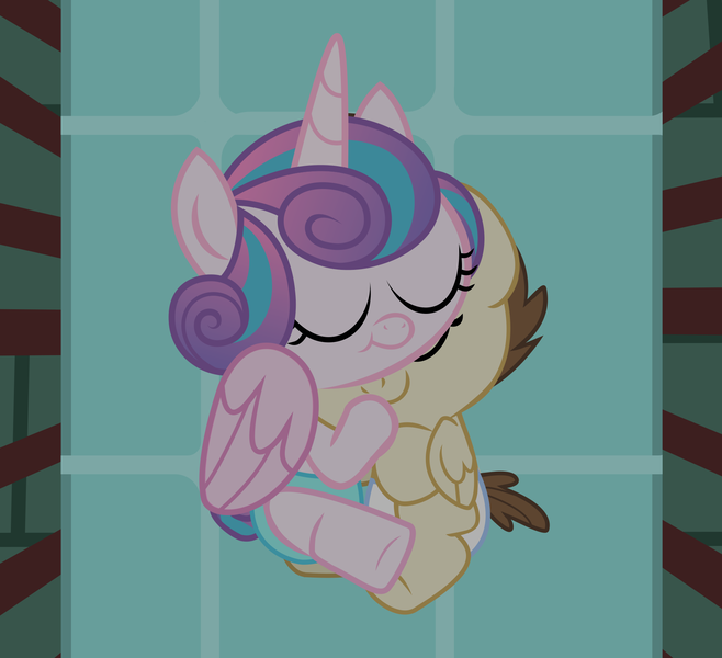 Size: 1793x1635 | Tagged: safe, alternate version, artist:babyshy, derpibooru import, pound cake, princess flurry heart, pony, baby, baby pony, crib, cuddling, cute, diaper, female, flurrybetes, male, poundabetes, poundflurry, shipping, sleeping, straight