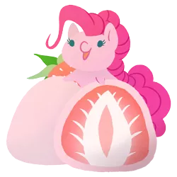 Size: 800x800 | Tagged: safe, artist:anzicorn, derpibooru import, pinkie pie, pony, chibi, food, mochi, simple background, smiling, solo, strawberry, tiny, tiny ponies, transparent background