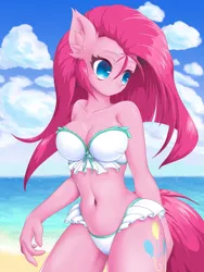 Size: 1500x2000 | Tagged: suggestive, artist:ragurimo, derpibooru import, pinkie pie, anthro, earth pony, adorasexy, ambiguous facial structure, arm behind back, bare shoulders, beach, beach babe, belly button, bicolor swimsuit, bikini, bikini babe, breasts, busty pinkie pie, clothes, colored pupils, cute, diapinkes, ear fluff, female, frilled swimsuit, frilly, mare, pinkamena diane pie, pixiv, sexy, solo, solo female, stupid sexy pinkie, swimsuit, white swimsuit