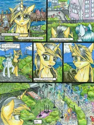 Size: 3000x4000 | Tagged: safe, artist:tillie-tmb, derpibooru import, derpy hooves, oc, oc:meadow lark, oc:tempest, unofficial characters only, earth pony, pony, unicorn, comic:the amulet of shades, cloak, clothes, comic, female, high res, manehattan, mare, traditional art