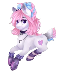 Size: 1227x1471 | Tagged: safe, artist:dusty-onyx, derpibooru import, oc, oc:stitched heart, unofficial characters only, pony, clothes, collar, simple background, socks, solo, striped socks, transparent background