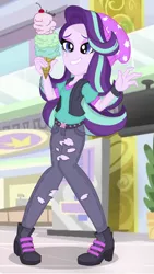Size: 4644x8256 | Tagged: safe, artist:rodan00, derpibooru import, starlight glimmer, equestria girls, mirror magic, spoiler:eqg specials, absurd resolution, beanie, boots, clothes, cute, food, glimmerbetes, hat, high heel boots, ice cream, pants, ripped pants, scene interpretation, shoes, solo, that human sure does love ice cream