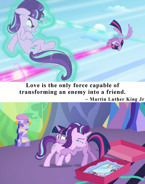 Size: 1920x2430 | Tagged: safe, derpibooru import, edit, edited screencap, screencap, starlight glimmer, twilight sparkle, twilight sparkle (alicorn), alicorn, pony, celestial advice, the cutie re-mark, cloud, crying, cushion, cute, dodge, duel, emotional, eyes closed, fight, flying, friendship, glare, gritted teeth, hug, laser, levitation, love, magic, magic beam, magic blast, mirror, painting, pedestal, photos, present, quote, ribbon, self-levitation, smiling, snuggling, student, teacher, tears of joy, telekinesis, text, twilight's castle