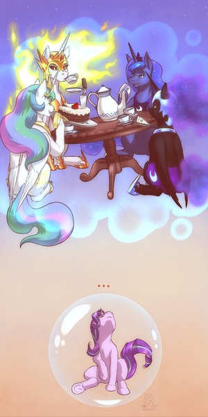 Size: 1350x2700 | Tagged: safe, artist:mykegreywolf, derpibooru import, daybreaker, nightmare moon, princess celestia, princess luna, starlight glimmer, alicorn, pony, a royal problem, ..., bubble, cake, clothes, crown, cup, dream, duality, everything went better than expected, female, food, force field, helmet, jewelry, levitation, looking up, magic, mare, regalia, royal sisters, smiling, tea party, teacup, teapot, telekinesis, uniform