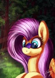 Size: 921x1300 | Tagged: safe, artist:shivannie, derpibooru import, fluttershy, butterfly, pegasus, pony, cross-eyed, cute, female, forest, grass, insect on nose, looking at something, mare, shyabetes, signature, smiling, solo, sunlight, tree