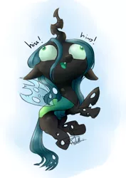 Size: 2480x3508 | Tagged: artist:pucksterv, changeling, changeling queen, chibi, derp, derpibooru import, hissing, queen chrysalis, safe, simple background, solo